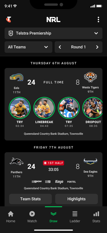 NRL App Draw screen with betting odds