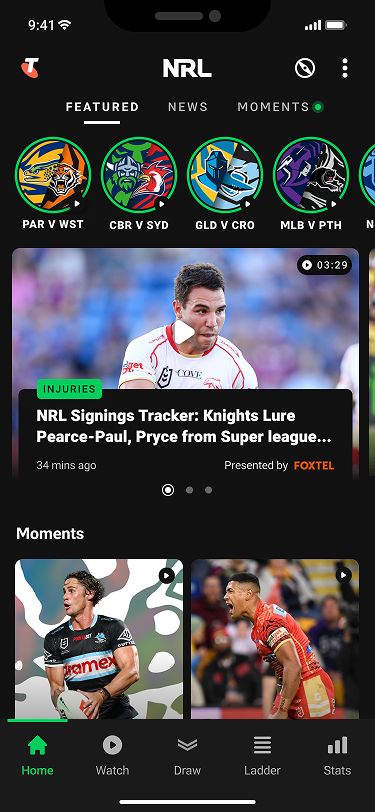 NRL App home screen