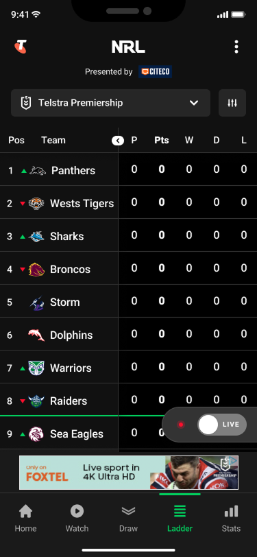 NRL App ladder standings screen