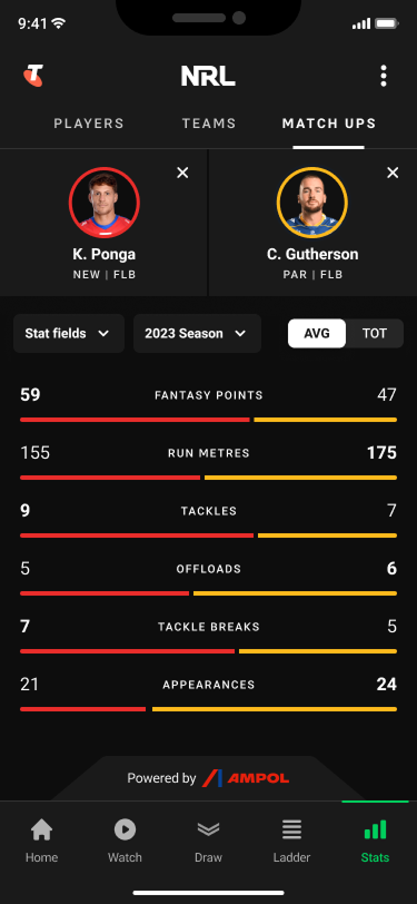 NRL App Matchups player comparison