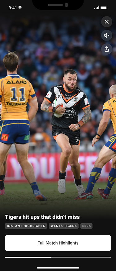 NRL App full-screen Moment video overlay showing a highlight clip