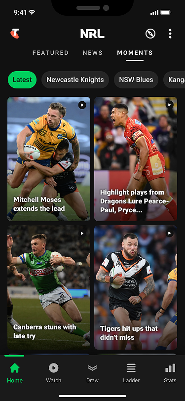 NRL App Moments feed grid with team filters