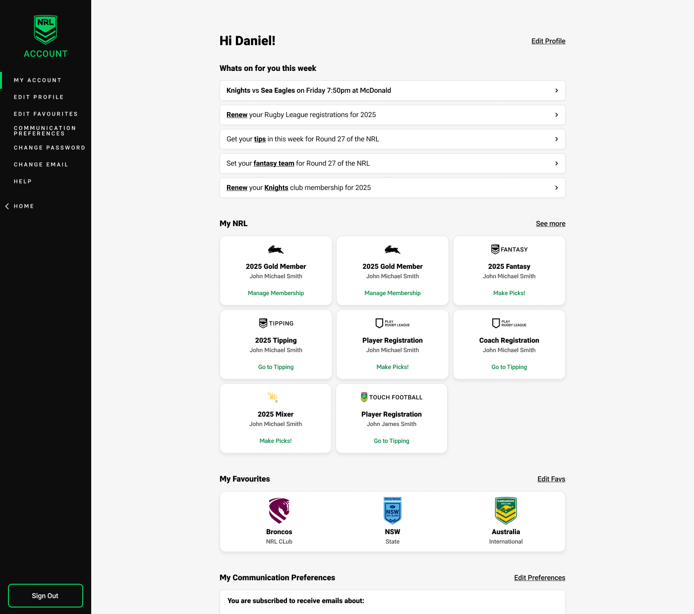 NRL Account desktop view of the account hub