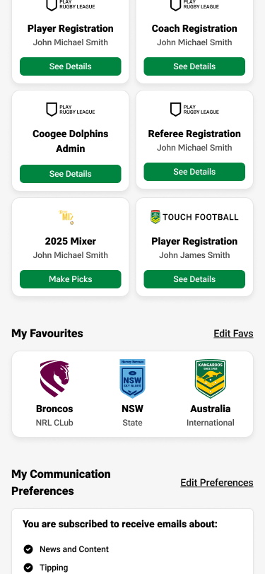NRL Account My Favourites section showing favourite club, state and international team