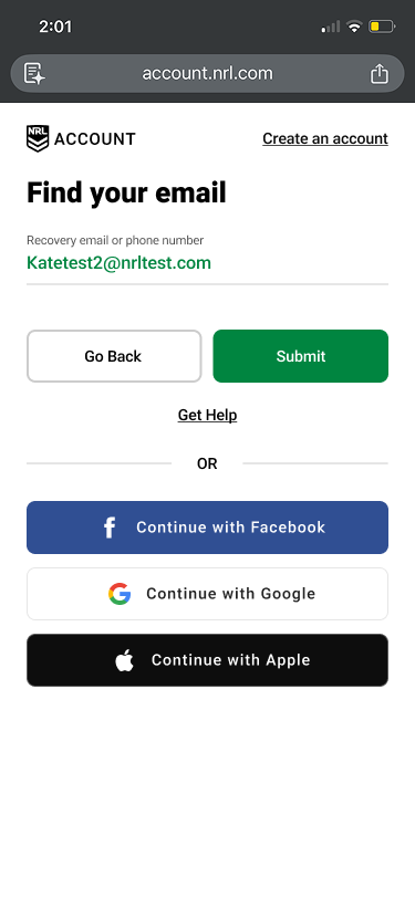 NRL Account find your email recovery screen