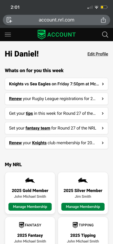 NRL Account hub showing weekly tasks and My NRL membership cards