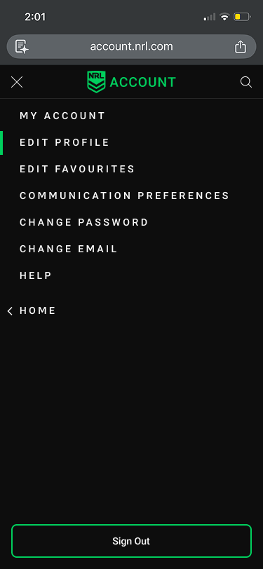 NRL Account navigation menu with profile, favourites and preferences links