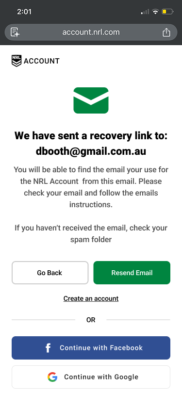 NRL Account recovery link sent confirmation screen
