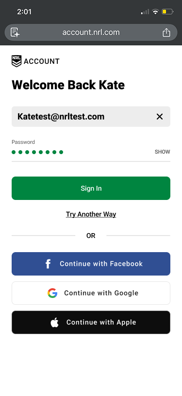 NRL Account welcome back screen with password entry