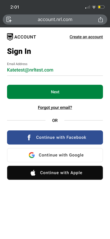NRL Account sign-in screen with email entry and social sign-in options