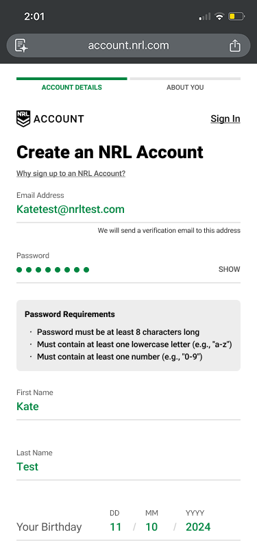 NRL Account sign-up screen with email, password and profile fields