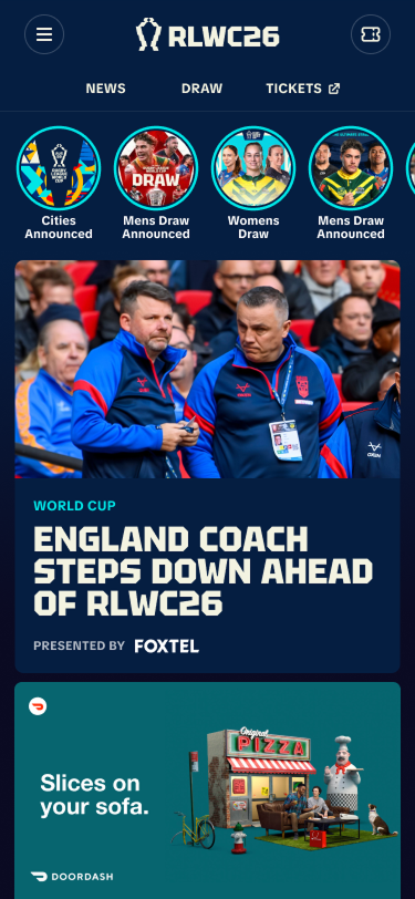 RLWC26 mobile homepage with a native-feeling sponsor ad placement