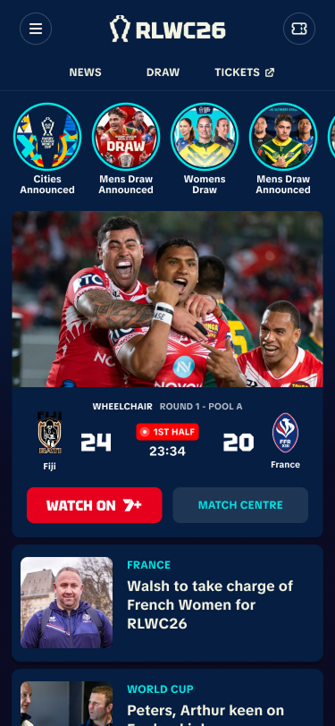 RLWC26 mobile homepage in live match state