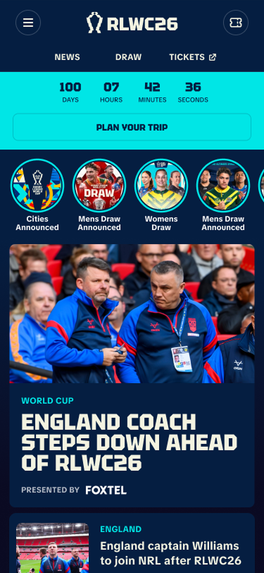 RLWC26 mobile homepage in news state
