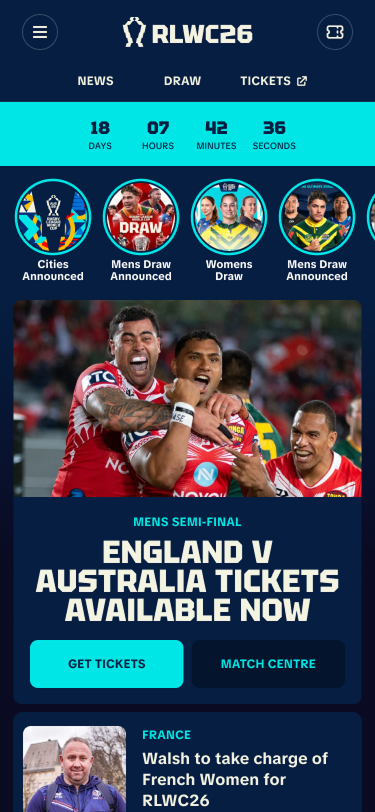 RLWC26 mobile homepage in ticket-sales state